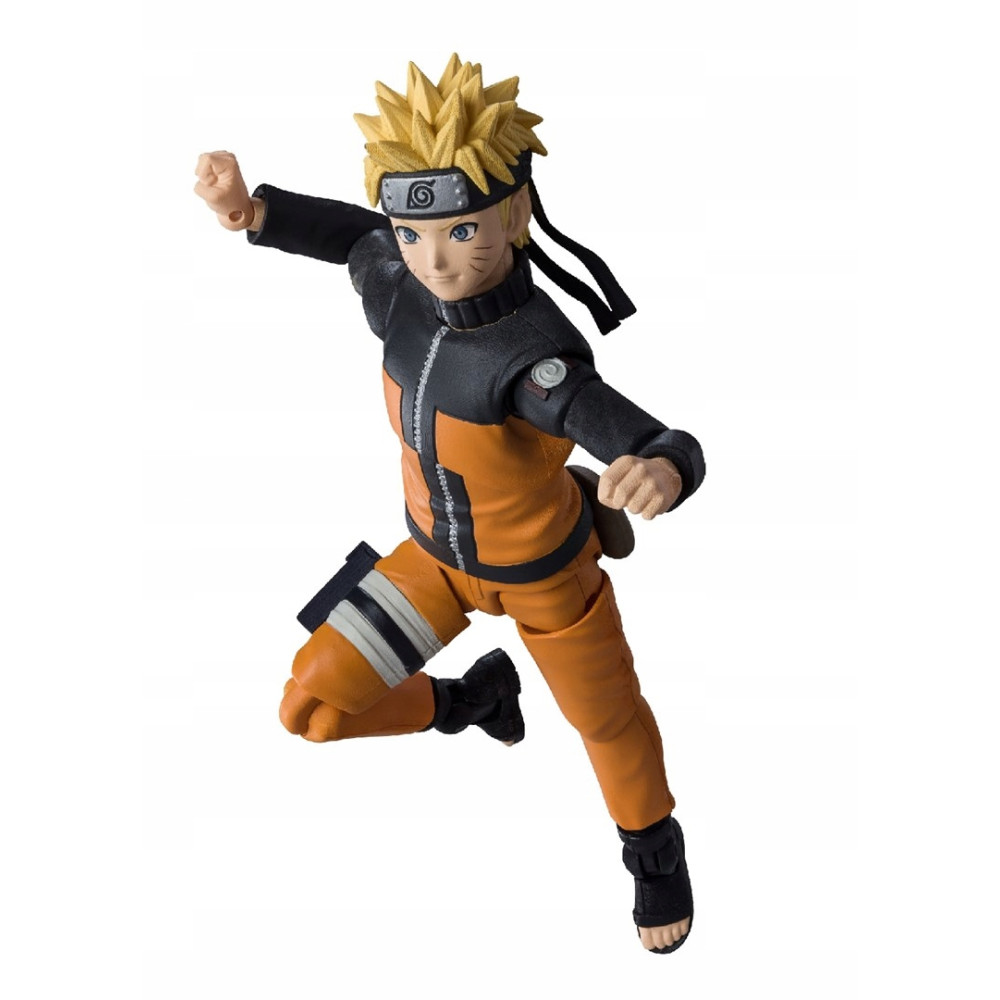 Figurka Naruto Uzumaki w pomarańczowej kurtce i spodniach, w skoku.