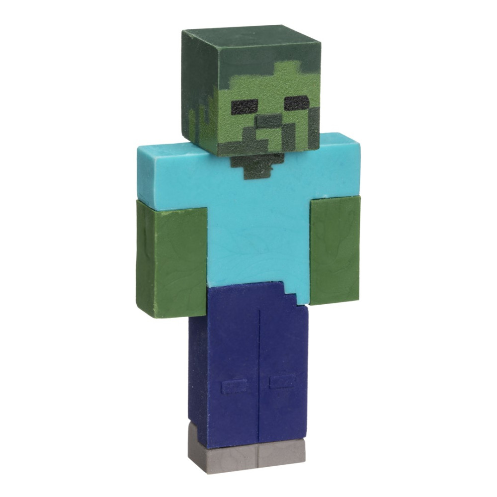 Figurka zombie Minecraft z zieloną głową, niebieską koszulą, zielonymi ramionami i niebieskimi spodniami.