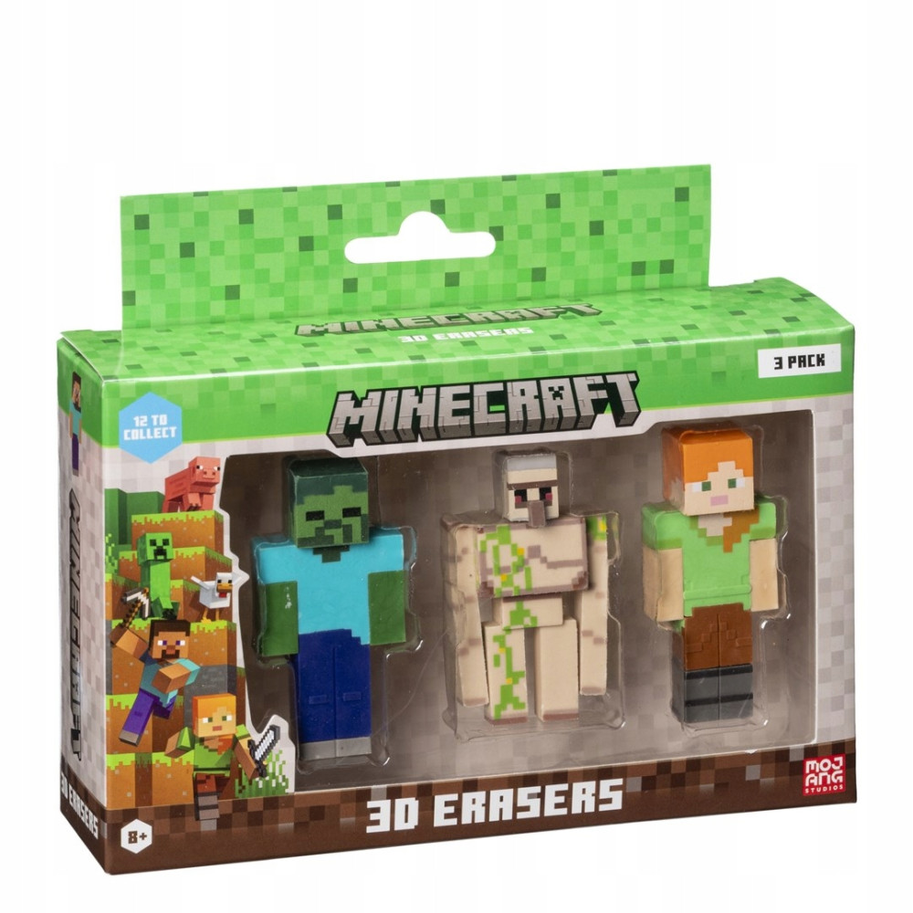 Gumki 3D Minecraft: Zombie, Golem i Alex w opakowaniu 3 szt.