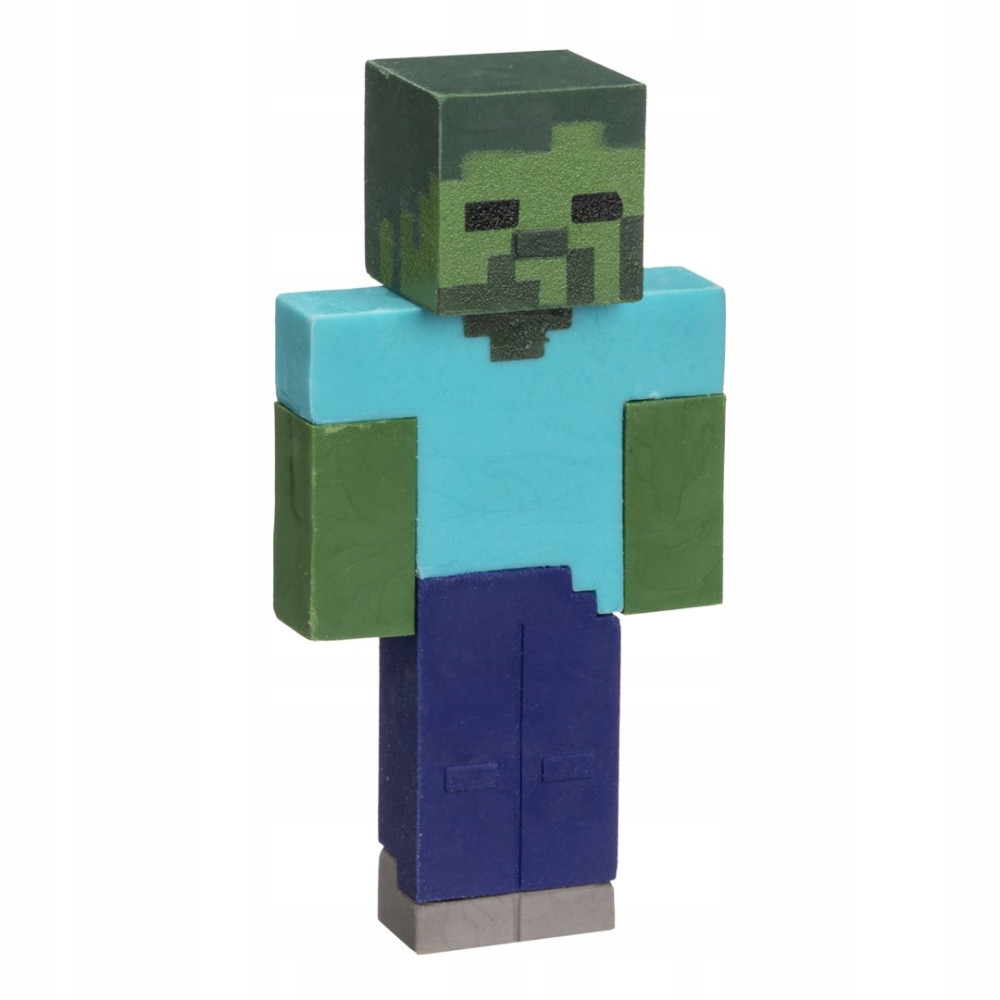 Figurka zombie Minecraft w kolorze niebieskim i zielonym, z niebieskimi spodniami.