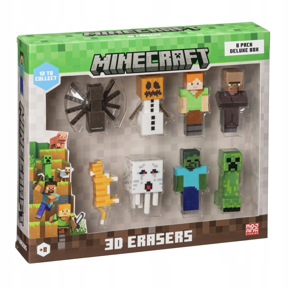 Gumki 3D Minecraft: pami, bałwan, Alex, mieszkaniec wsi, kot, duch, zombie, Creeper.