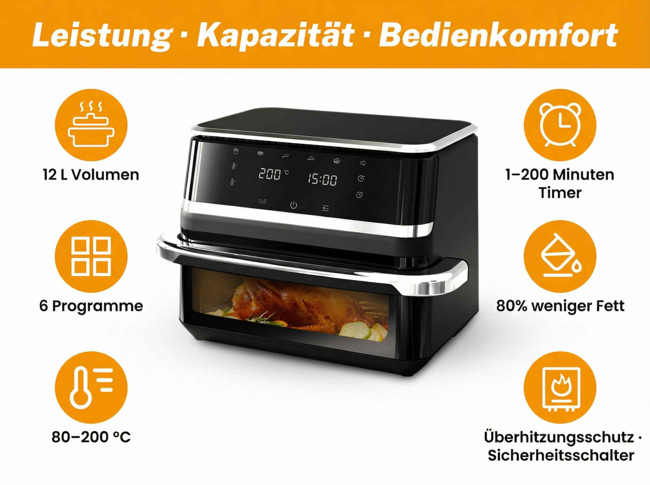 Ein schwarzer Heißluftfritteusenofen mit einem Brathähnchen darin.