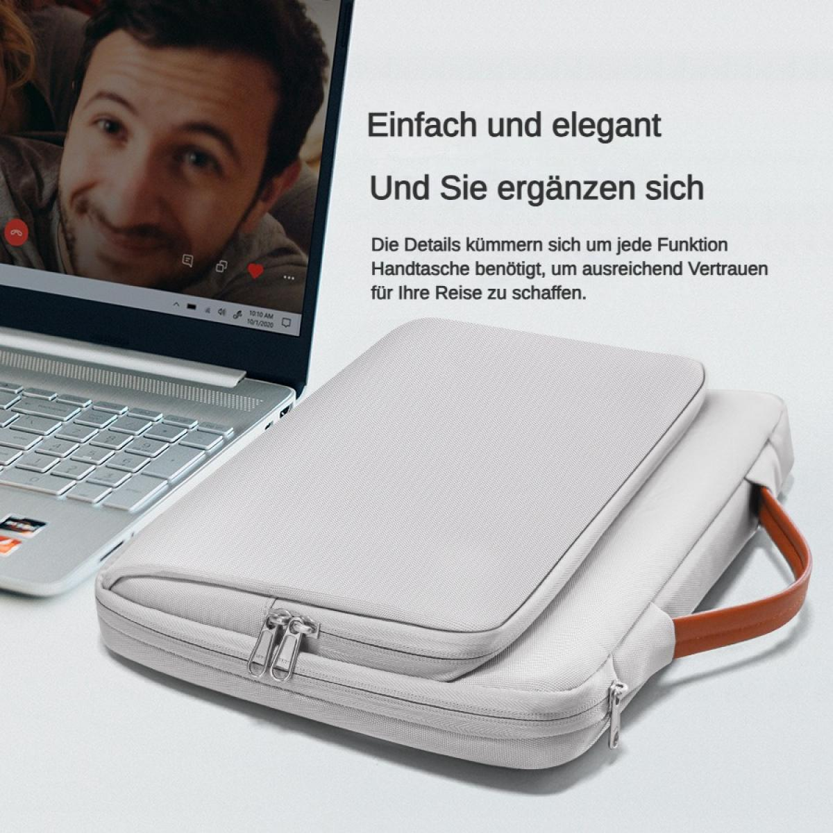 Ein Laptop-Schutzhülle mit Griff neben einem Laptop. Der Bildschirm zeigt ein Video.