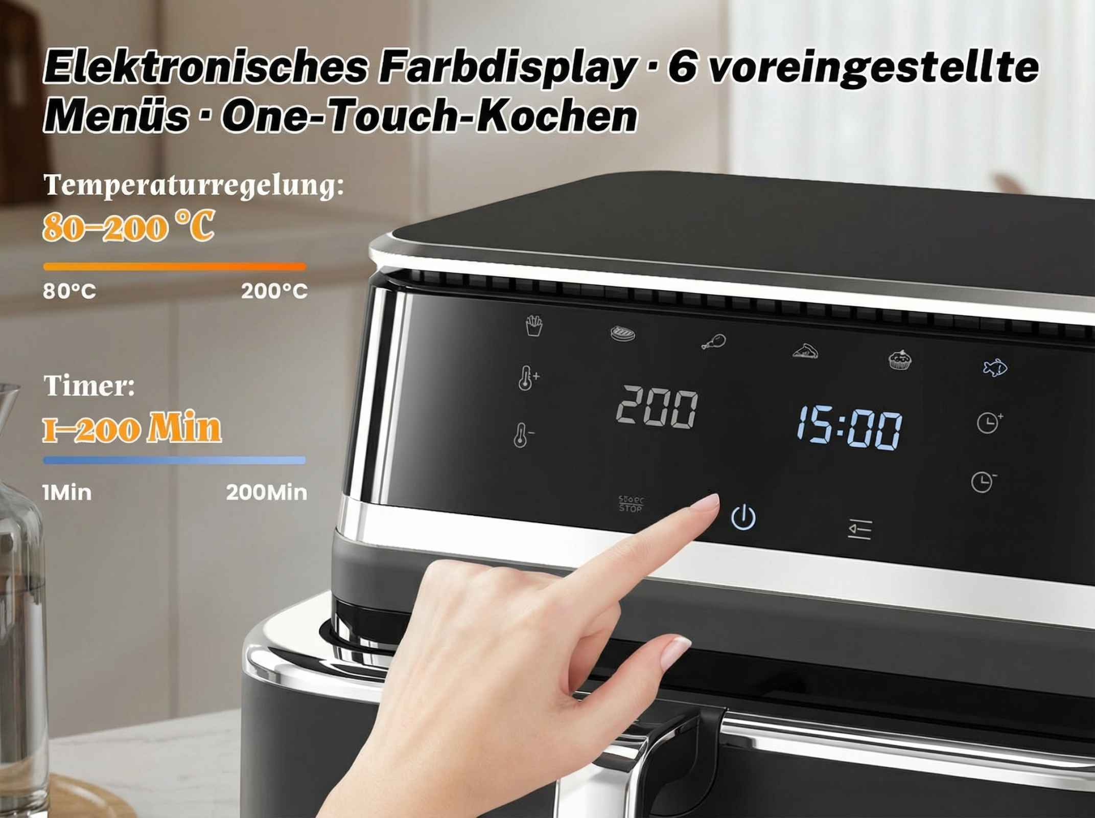 Nahaufnahme einer Hand, die einen digitalen Timer auf einem schwarzen Airfryer bedient.