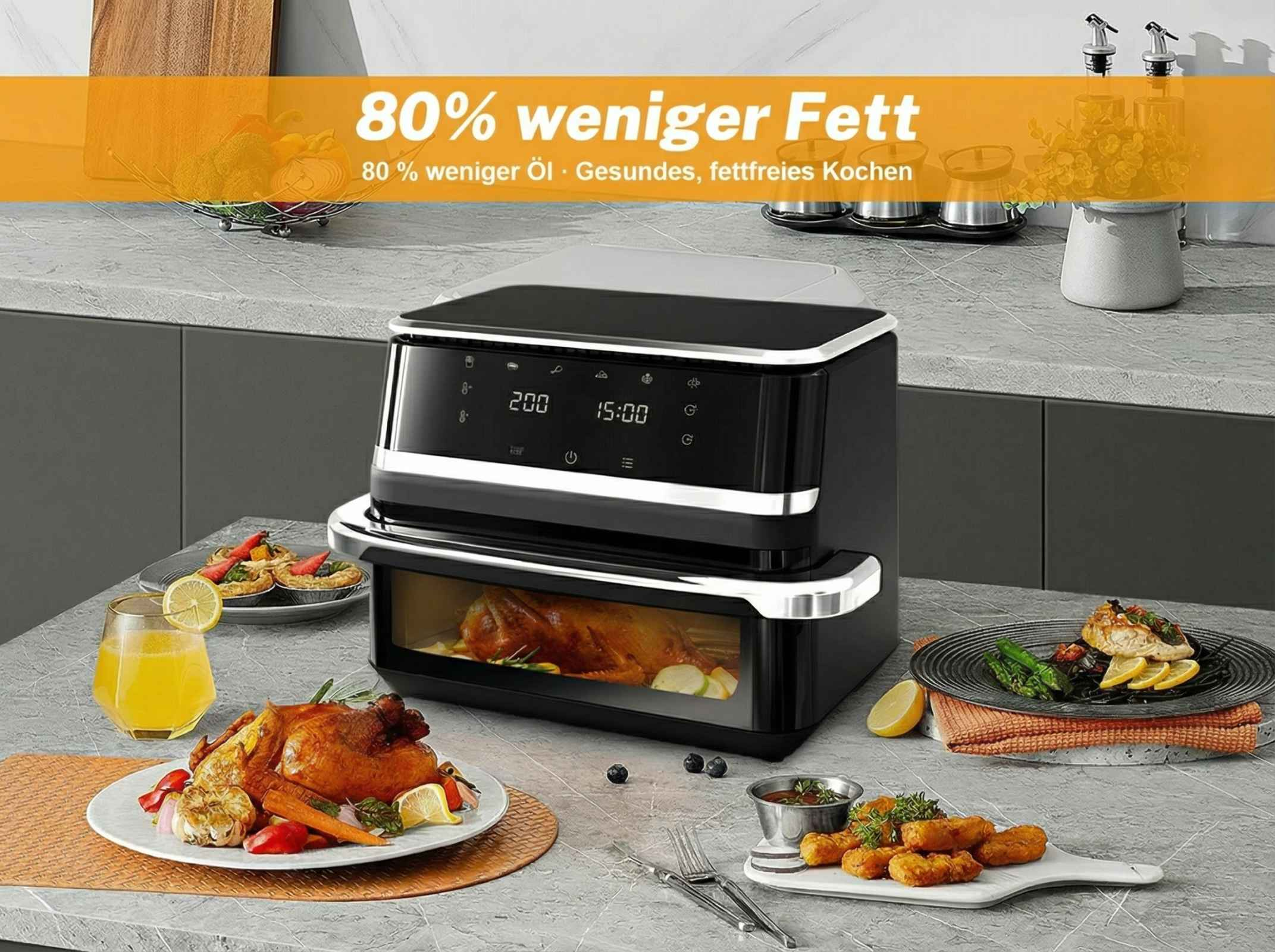 Ein Airfryer mit gebratenem Huhn und Beilagen. 80% weniger Fett.