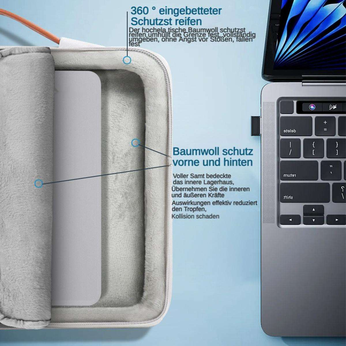 Graue Laptoptasche mit weichem Innenfutter, neben einem geöffneten Laptop.