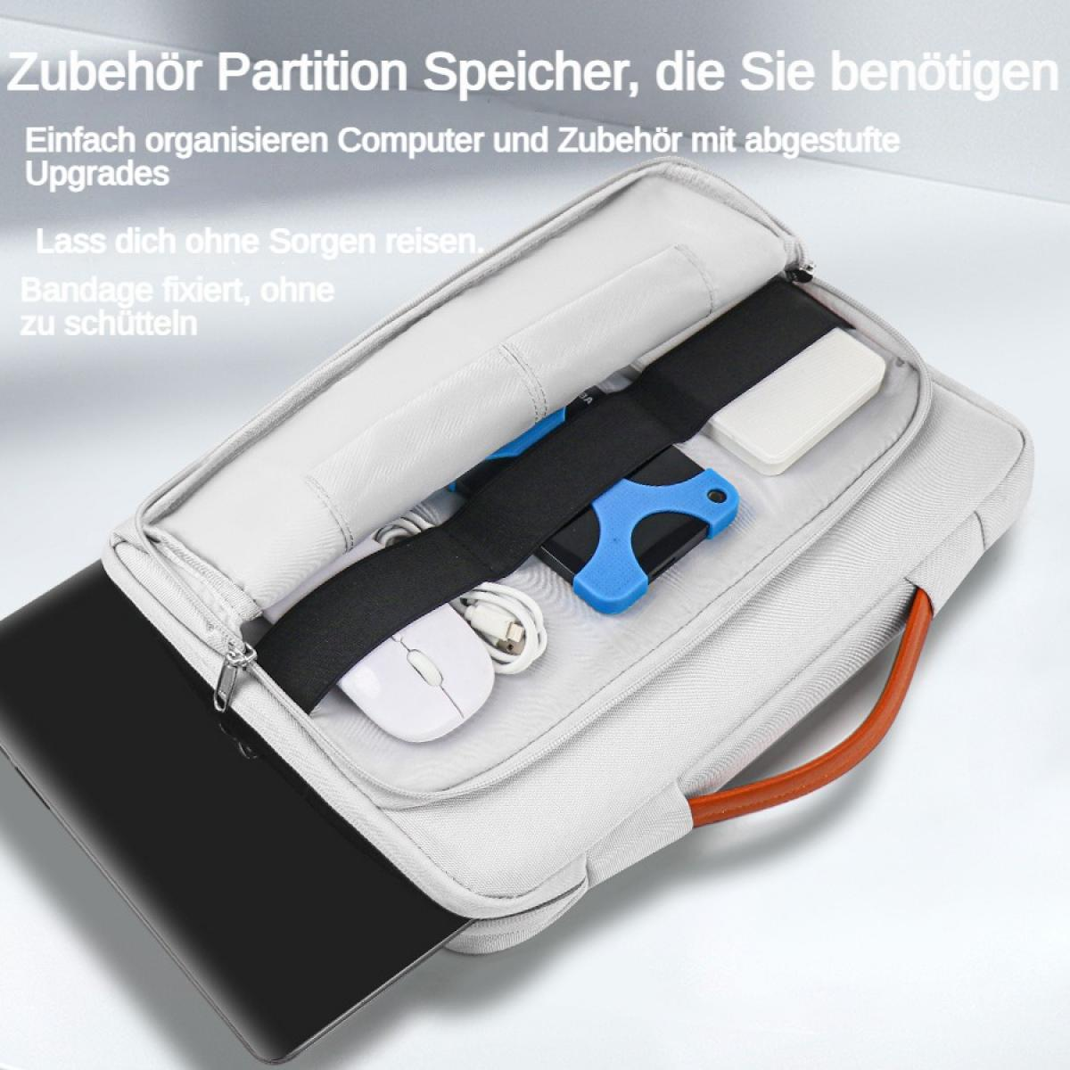 Graue Tasche mit Laptop, Maus, Kabeln und Zubehör. Ein Griff ist sichtbar.