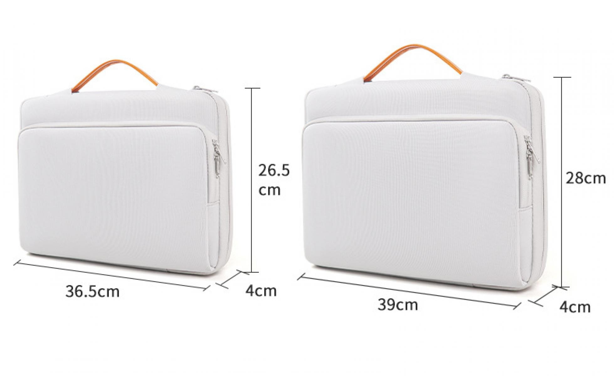 Zwei weiße Laptoptaschen mit orangefarbenen Griffen und Maßangaben.