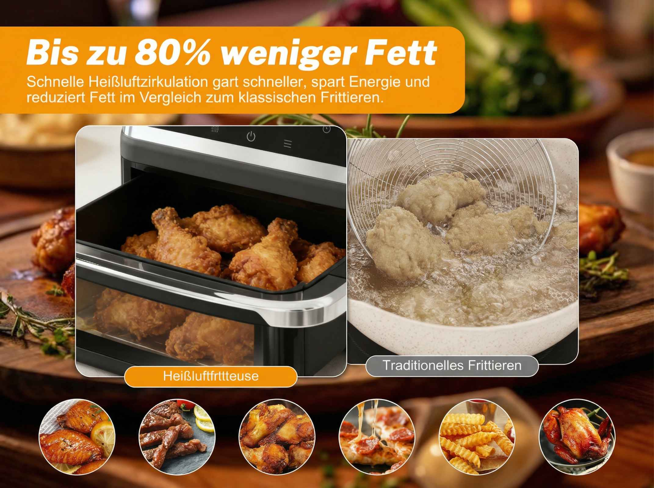 Hähnchenschenkel in einer Heißluftfritteuse und Frittiertes in Öl.