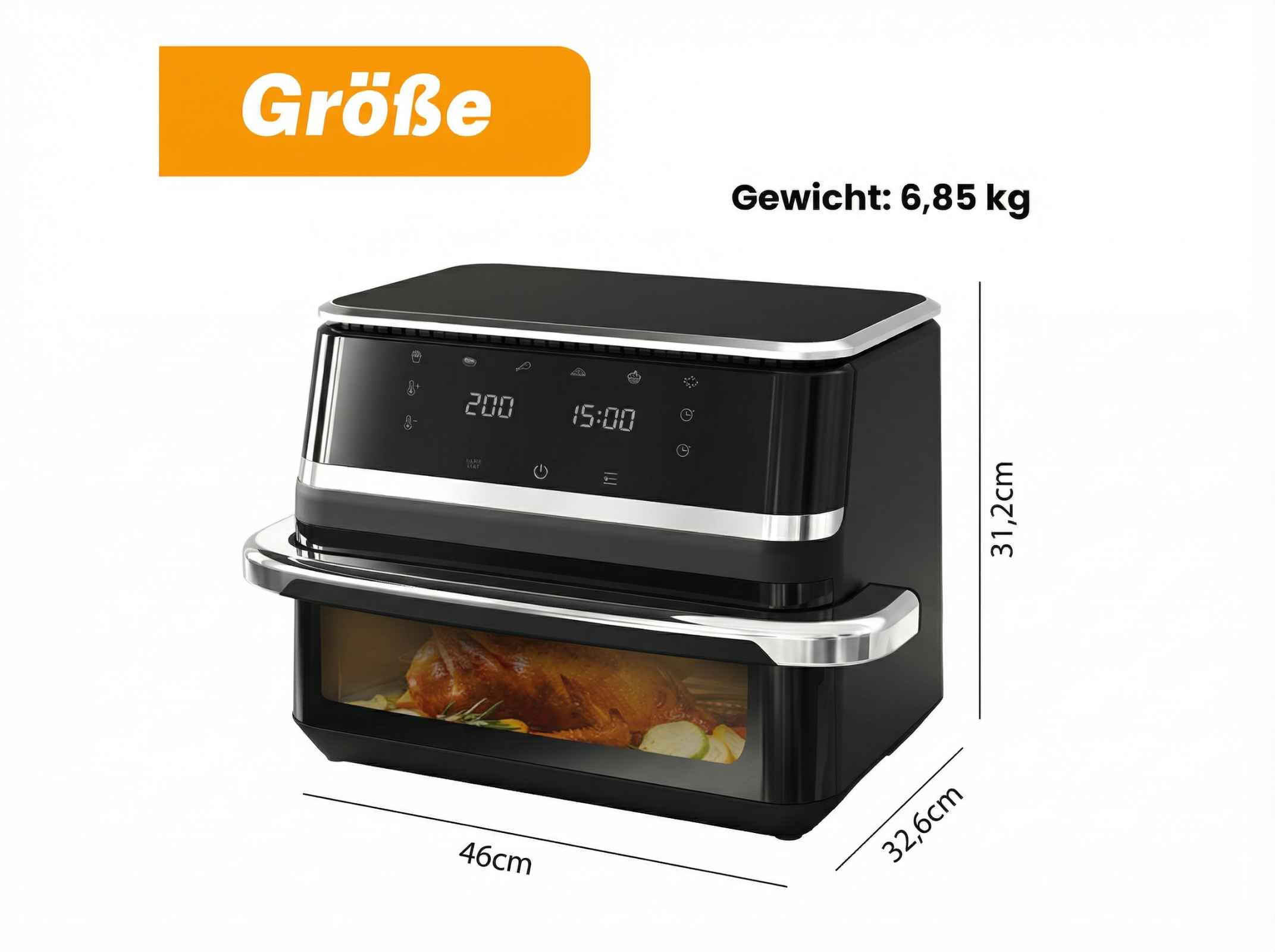 Schwarzer Heißluftfritteusenofen mit gebratenem Huhn und Gemüse, Maße angegeben.