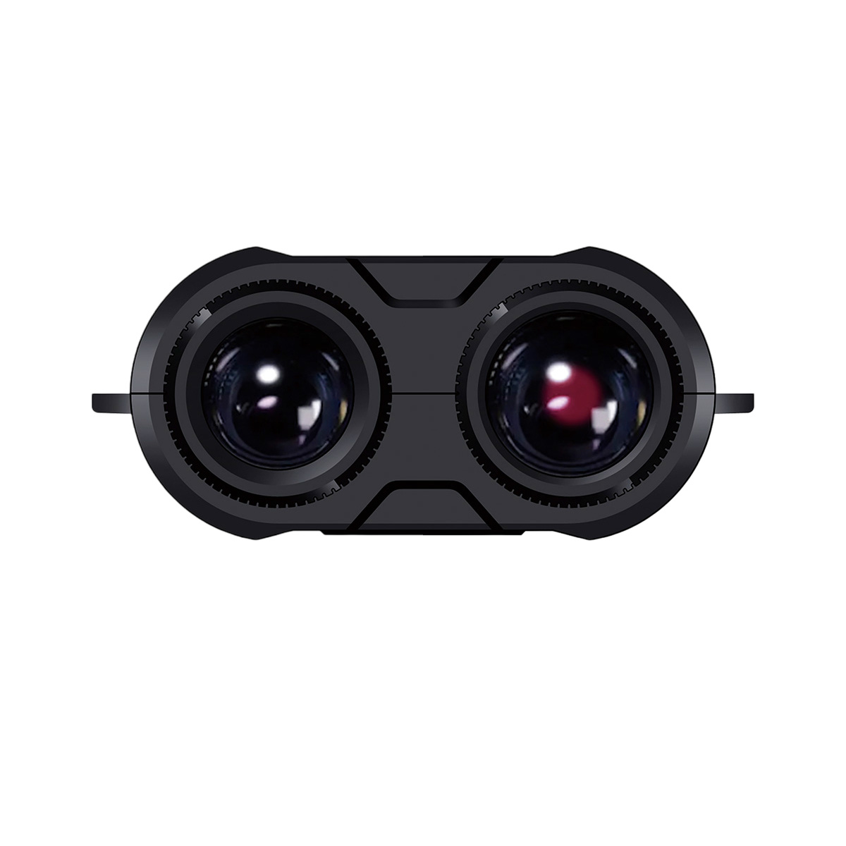 Nahaufnahme einer schwarzen digitalen Kamera mit zwei Objektiven und einem weißen Hintergrund.