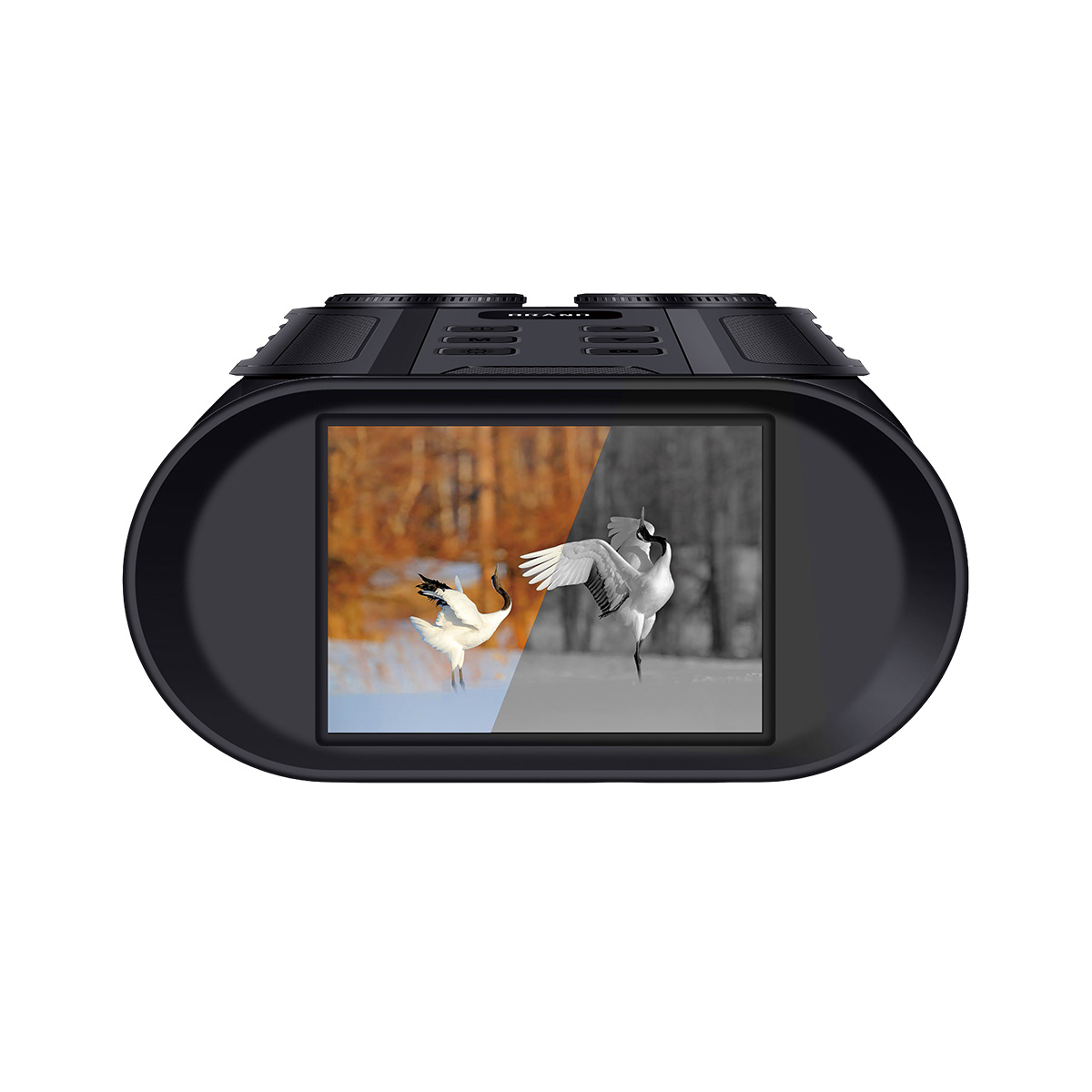 Ein digitales Fernglas zeigt zwei Kraniche, einer in Farbe, der andere in Schwarzweiß.
