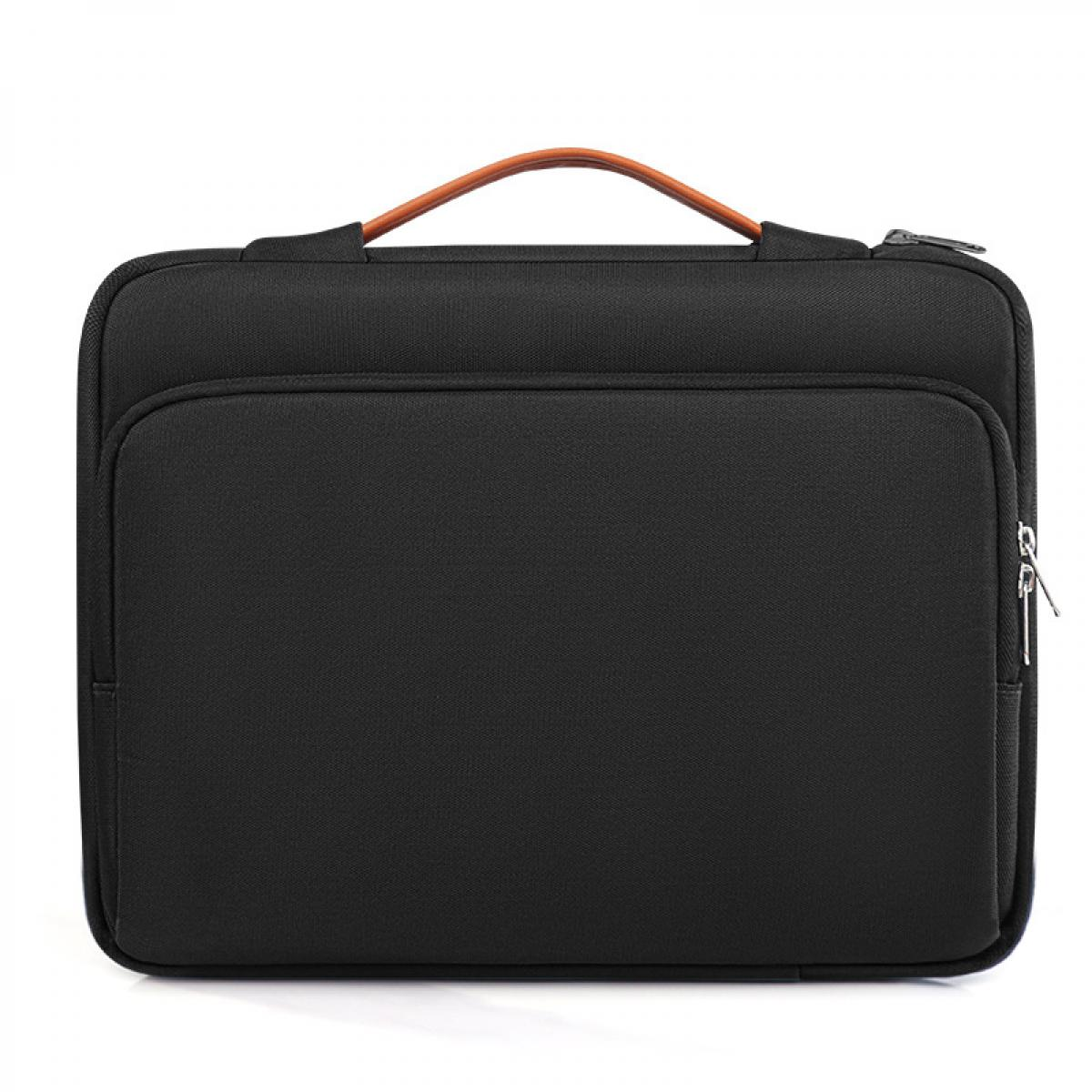 Schwarze Laptoptasche mit braunem Griff und Reißverschluss.
