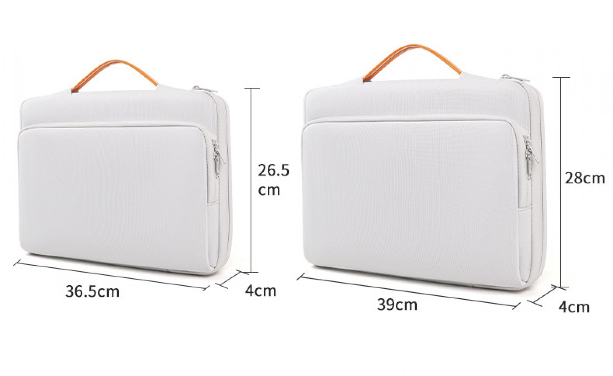Zwei weiße Laptoptaschen mit orangefarbenen Griffen und Maßangaben.