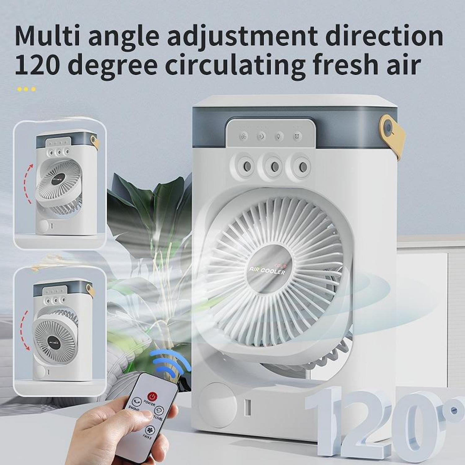 Ein weißer Luftkühler mit Fernbedienung und 120-Grad-Luftstrom.