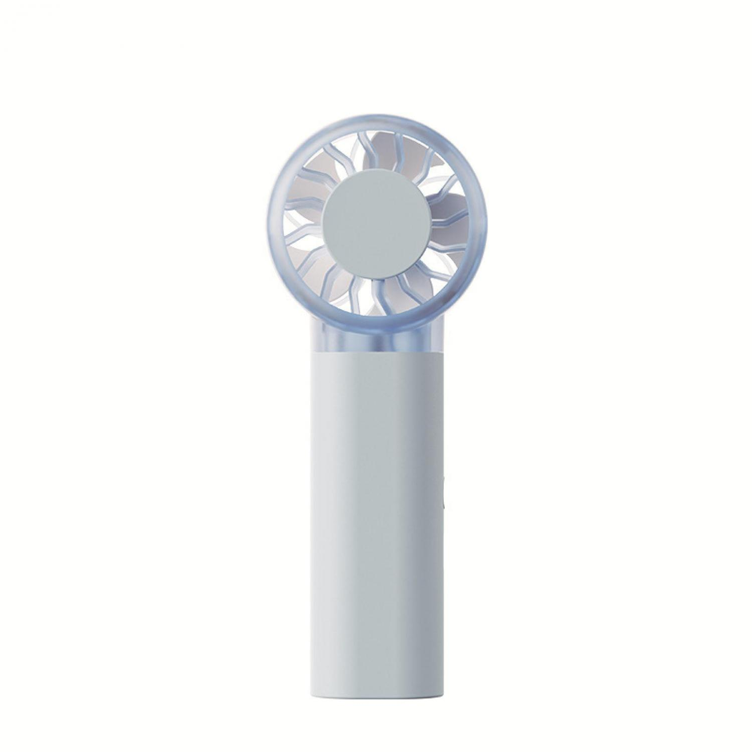 Ein kleiner, tragbarer Ventilator mit weißem Griff und blauem Propeller.