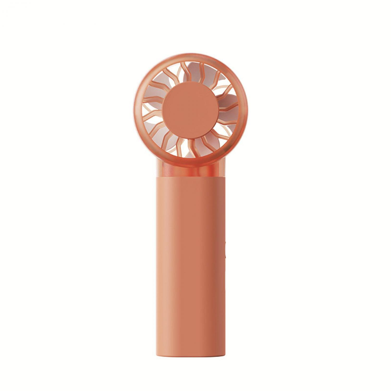 Ein kleiner, orangefarbener Handventilator mit einem dekorativen Lüftergitter.
