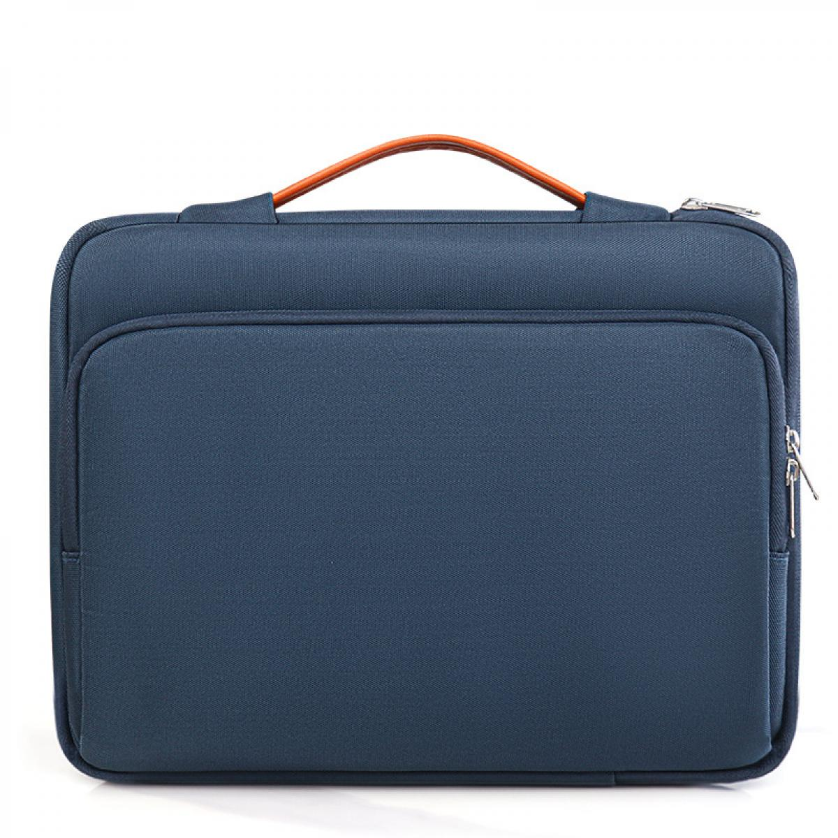 Dunkelblaue Laptoptasche mit orangefarbenem Griff und Reißverschluss.