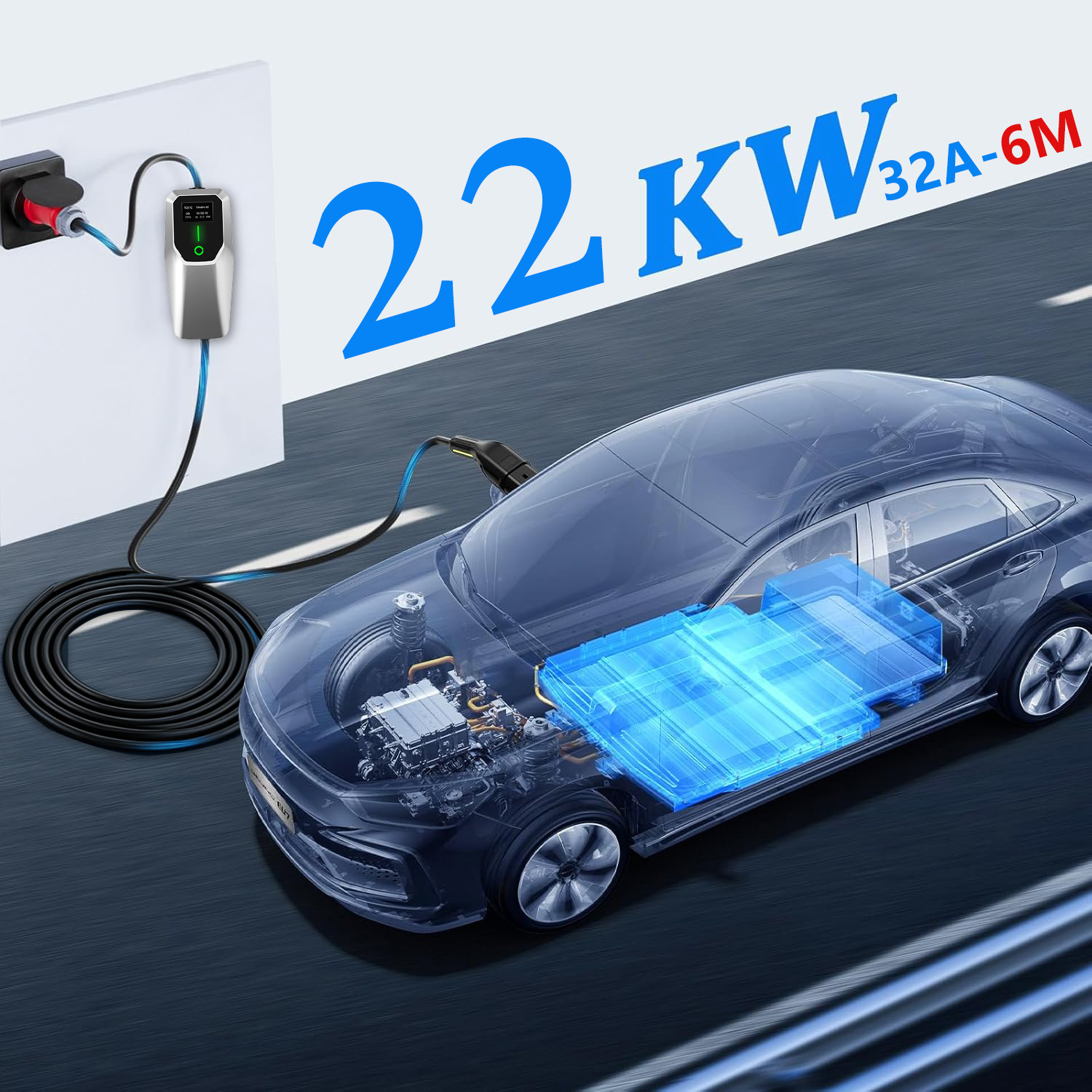 Ładowarka do samochodów elektrycznych na ścianie, z kablem i przezroczystym autem.