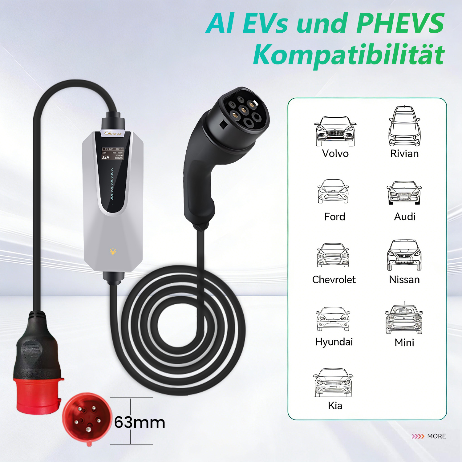 EV-Ladegerät mit Kabel, Stecker und Liste von E-Autos wie Volvo, Audi, Kia.