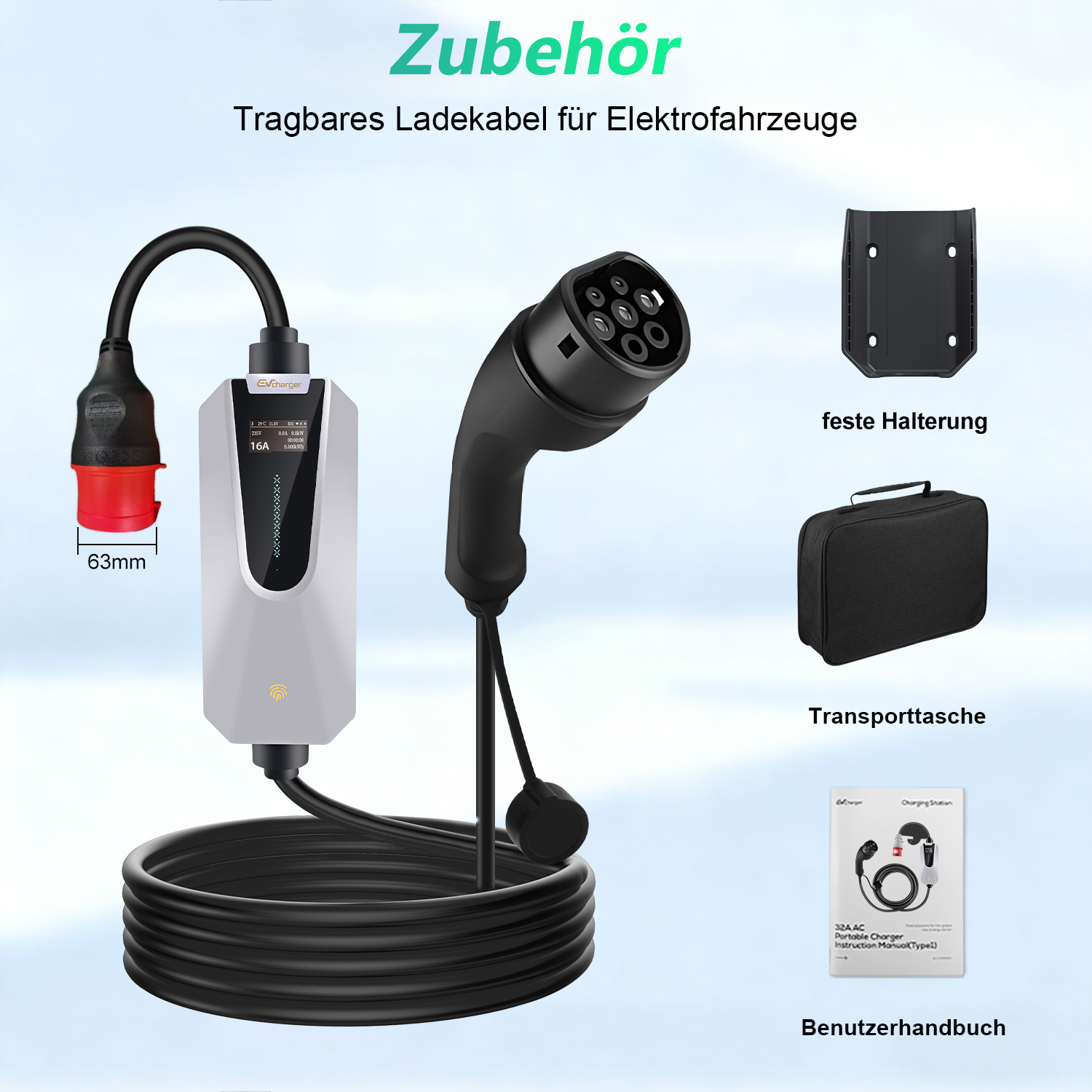 Ladegerät für Elektroautos mit Kabel, Halterung, Tasche und Handbuch.