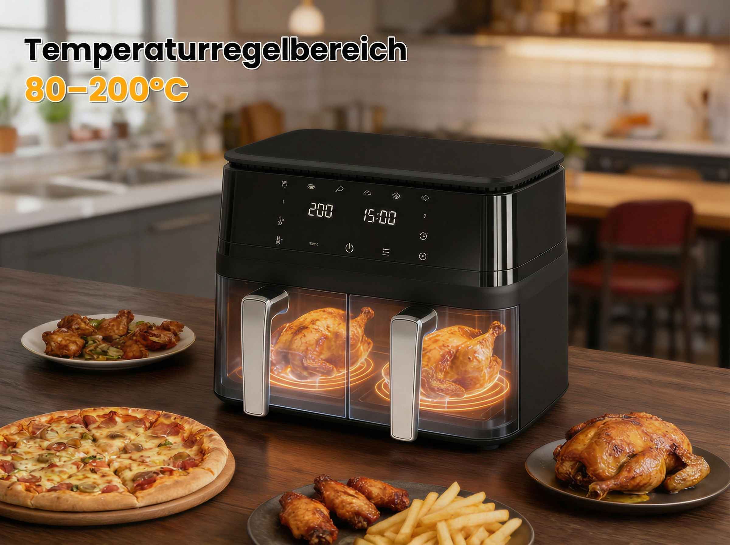 Ein schwarzer Heißluftfritteuse mit zwei Fächern, die Brathähnchen enthalten.