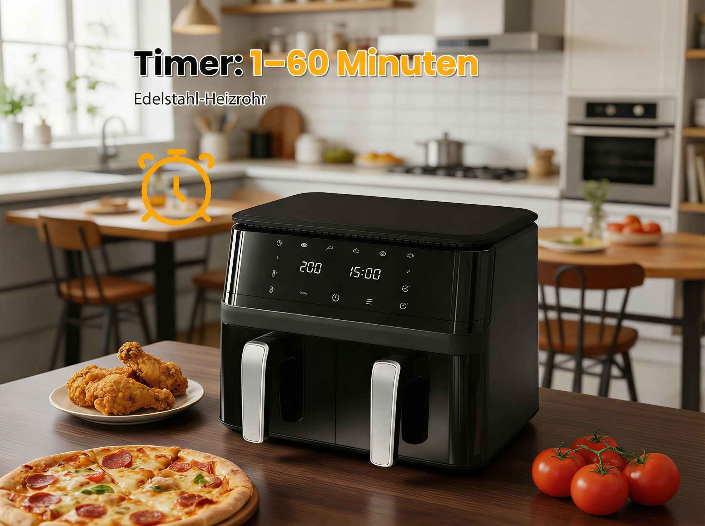 Ein schwarzer Doppel-Heißluftfritteuse mit Pizza und Hähnchen auf dem Tisch.