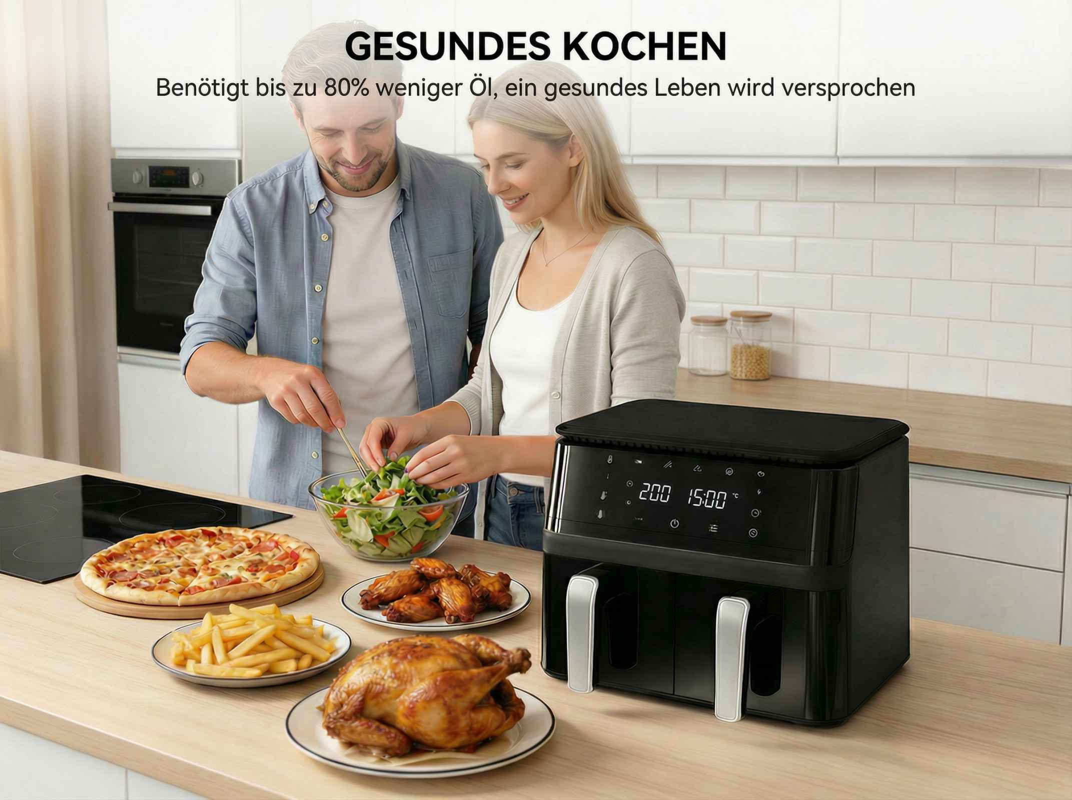 Ein Paar kocht mit einer Heißluftfritteuse. Essen auf dem Tresen.