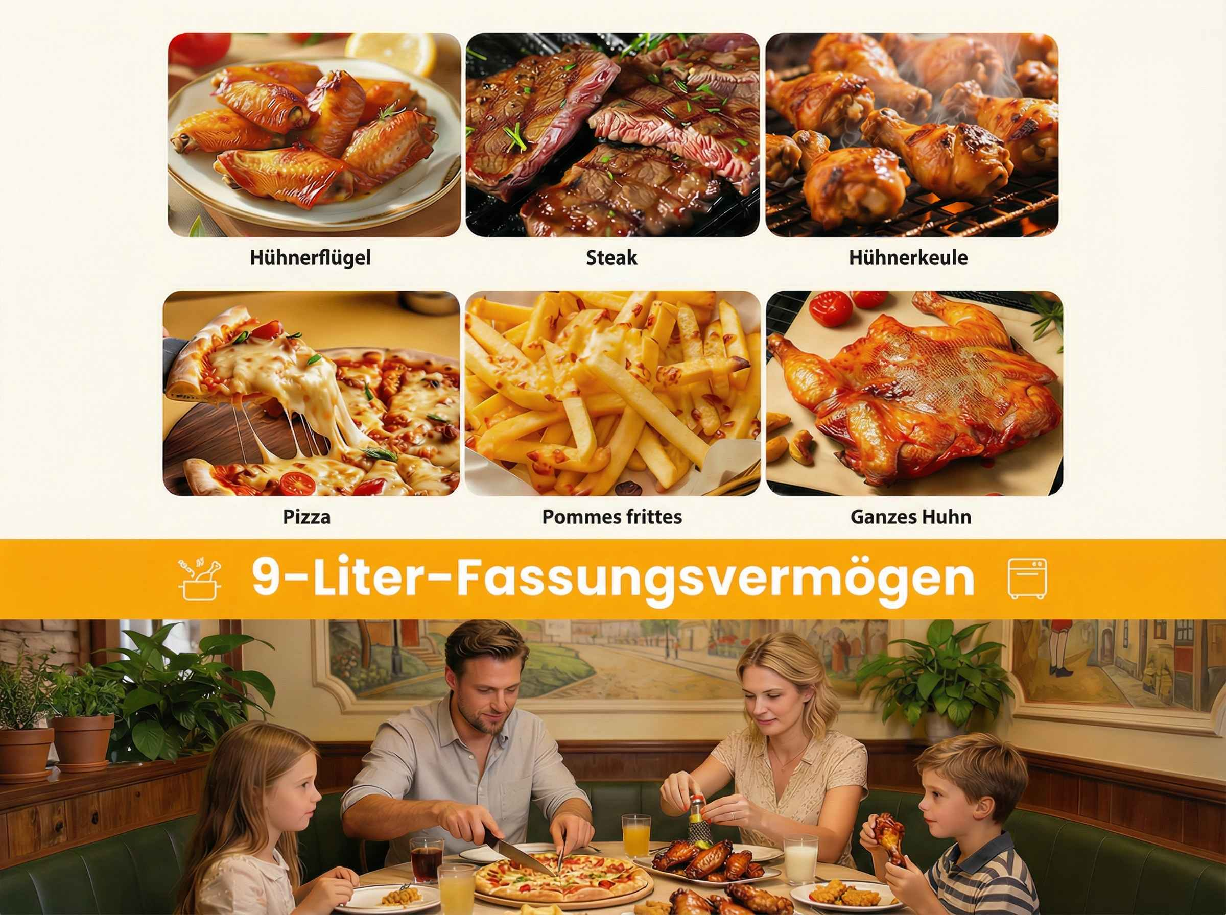 Hühnerflügel, Steak, Hühnerkeule, Pizza, Pommes und ein ganzes Huhn.