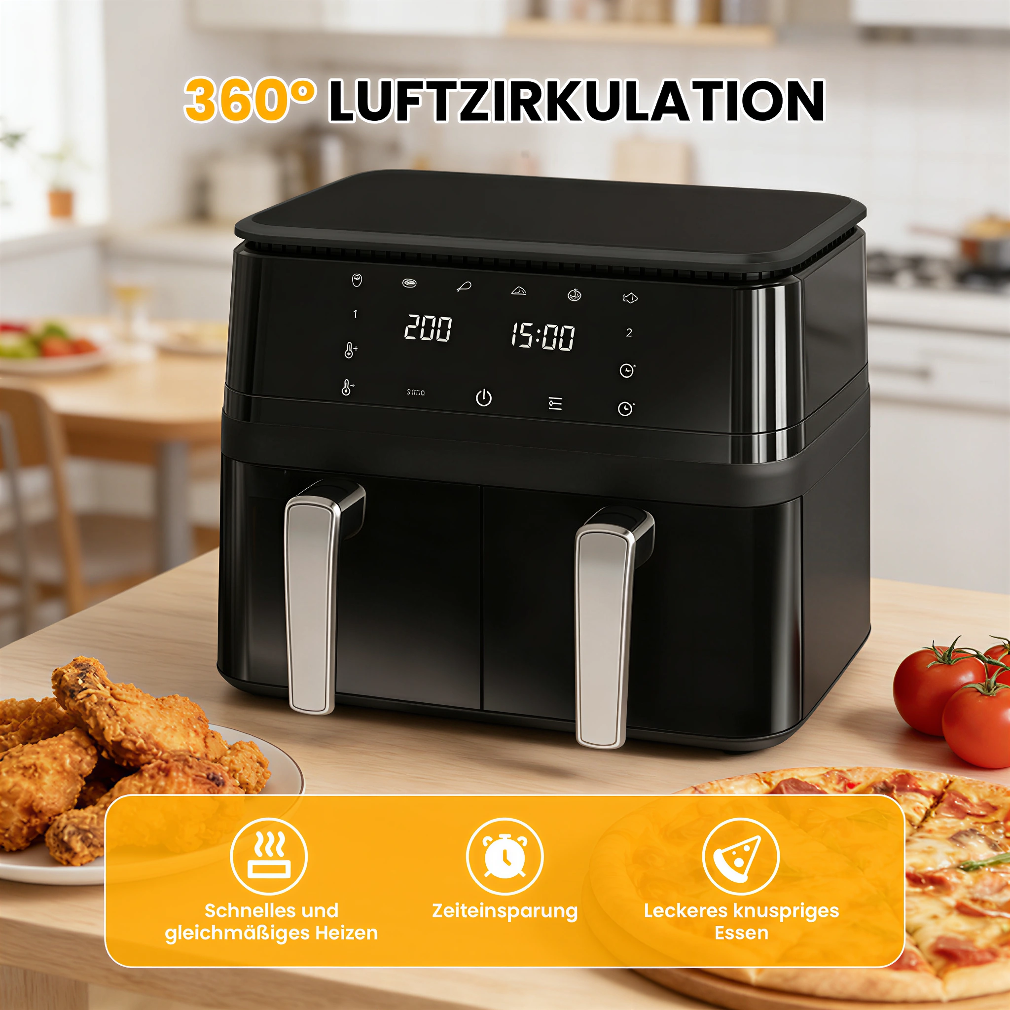 Schwarzer Heißluftfritteuse mit digitalen Anzeigen, daneben Hähnchen und Pizza.