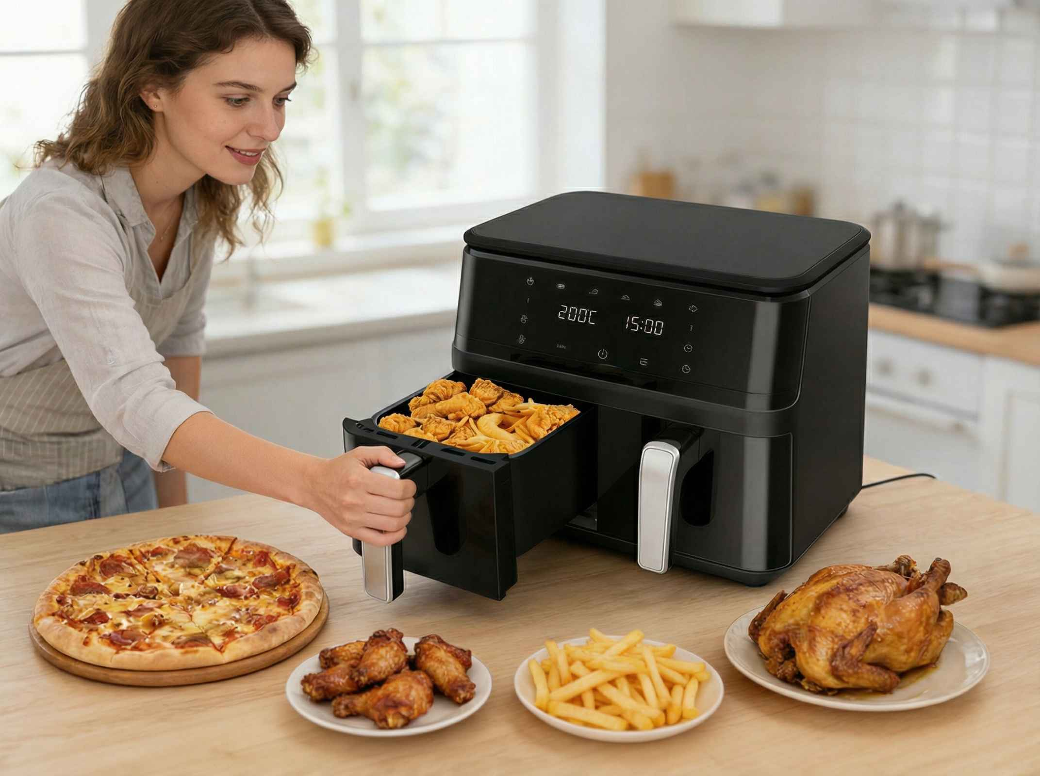 Eine Frau holt eine Schublade mit knusprigem Essen aus einem schwarzen Heißluftfritteusen.