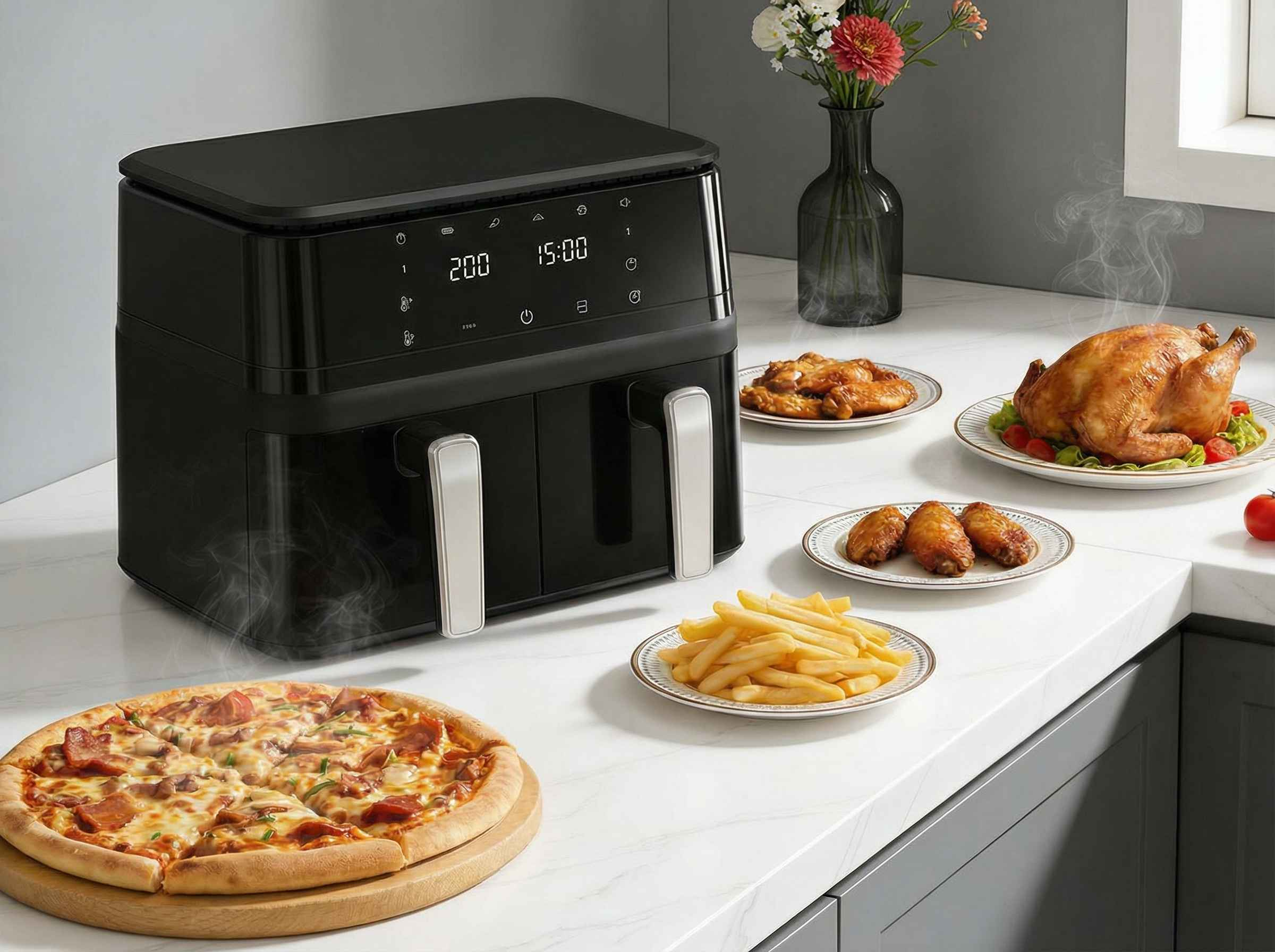 Ein schwarzer Heißluftfritteuse mit zwei Schubladen, daneben Pizza, Pommes, Hähnchenflügel und ein Brathähnchen.