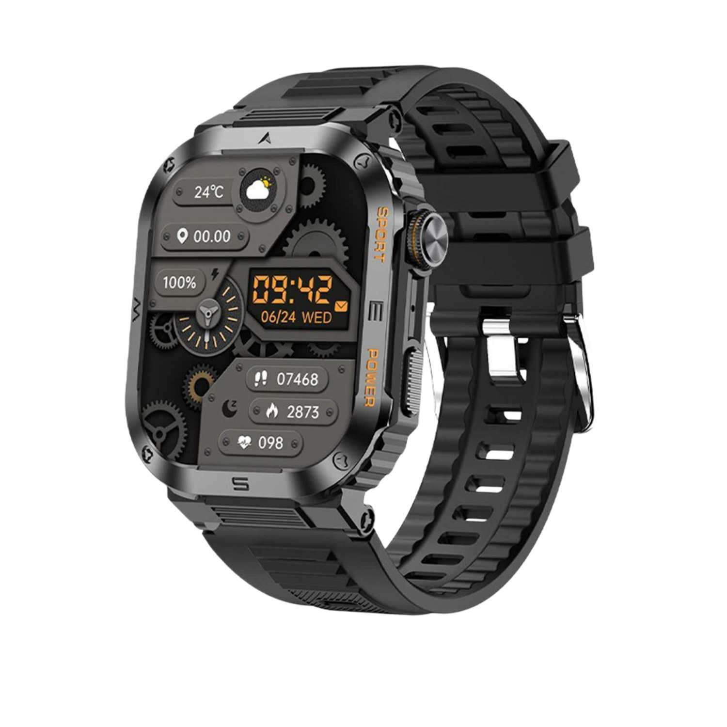 Schwarze Smartwatch mit digitalem Zifferblatt, das 24°C, 00.00, 100% und 09:42 anzeigt.