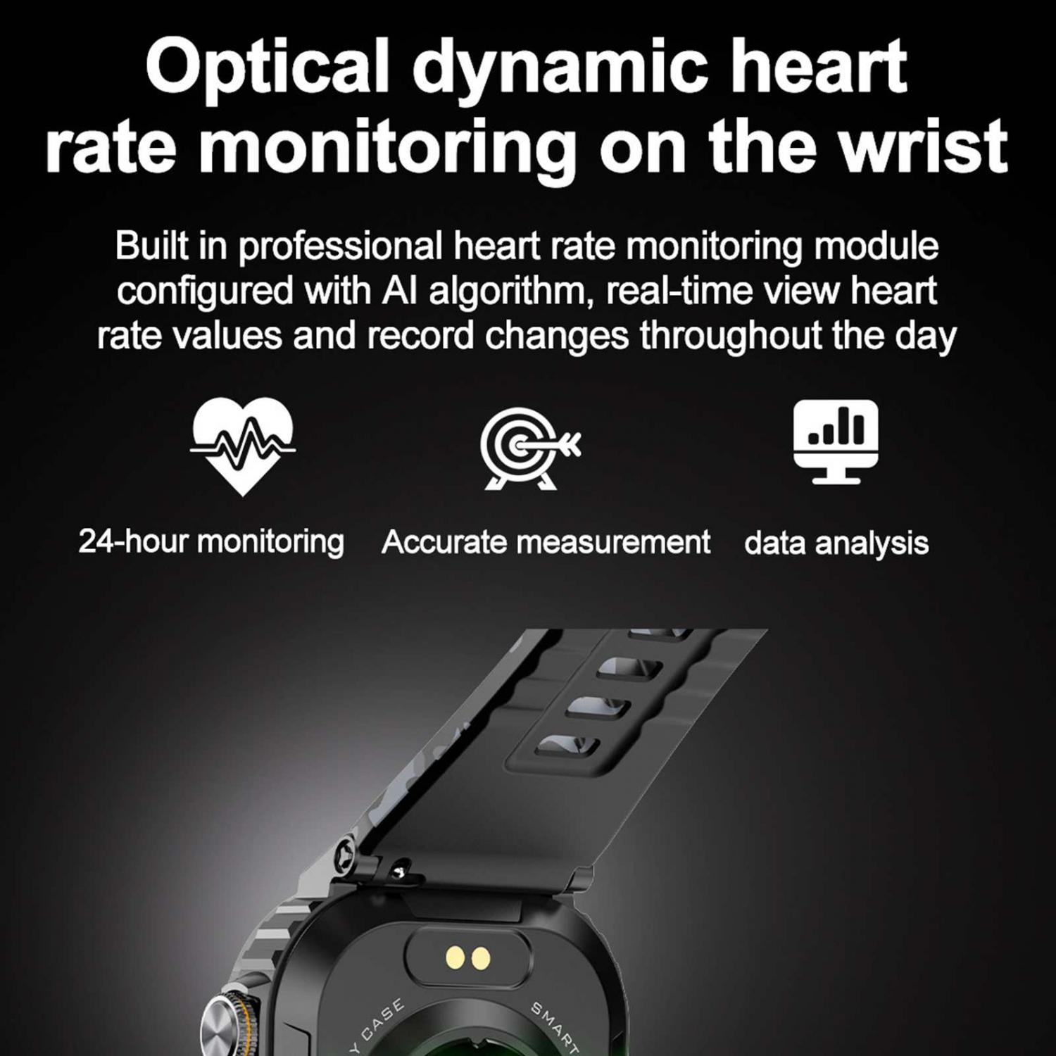 Schwarze Smartwatch mit Herzfrequenzüberwachung-Symbolen und Text.