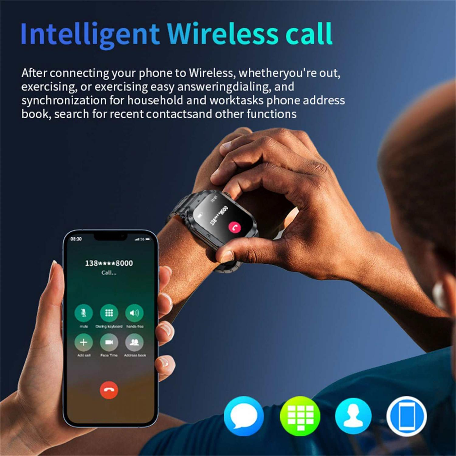 Ein Mann hält ein Smartphone mit einem Anrufbildschirm und trägt eine Smartwatch am Handgelenk.