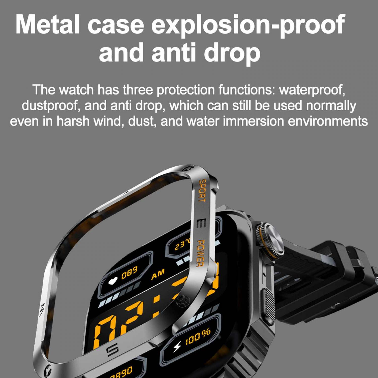 Ein robustes Smartwatch-Gehäuse aus Metall mit Schutzfunktionen.