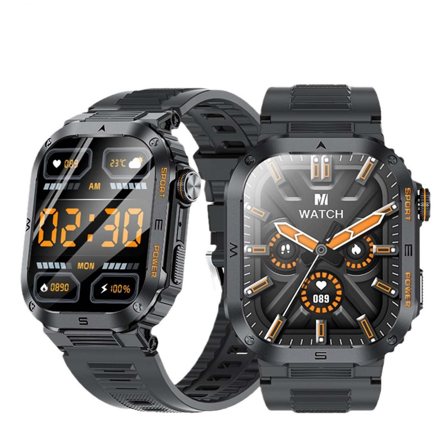 Zwei schwarze Smartwatches mit digitalen und analogen Zifferblättern, weiße und orangefarbene Akzente.