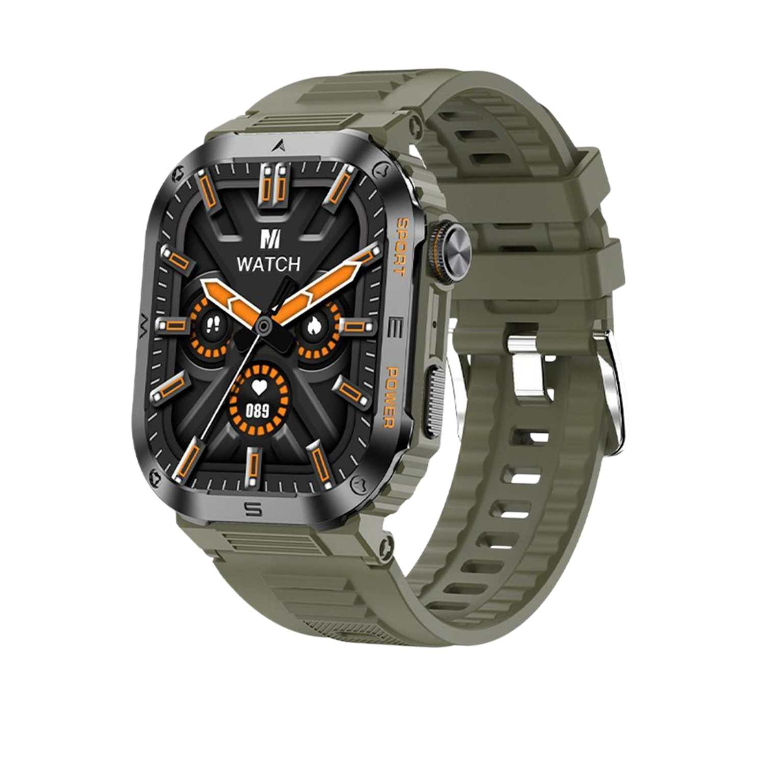 Eine grüne Smartwatch mit schwarzem Zifferblatt und orangefarbenen Akzenten.