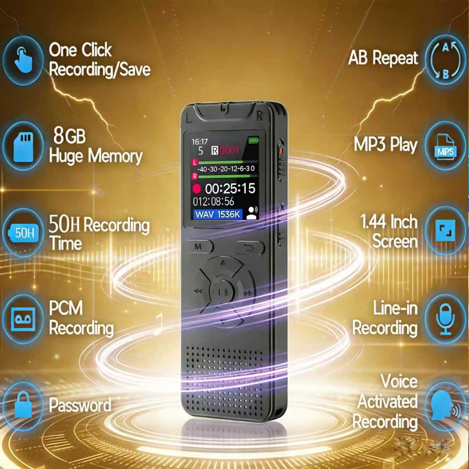 Digitaler Diktiergerät mit Bildschirm, Tasten und Funktionen wie 8GB Speicher, PCM-Aufnahme.