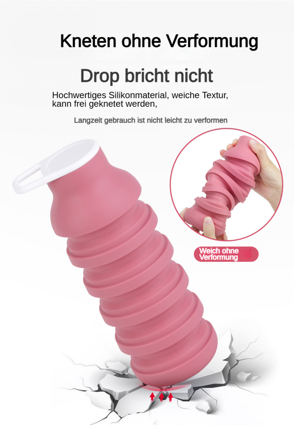 Eine rosafarbene, faltbare Flasche wird geknetet und fällt auf Risse.