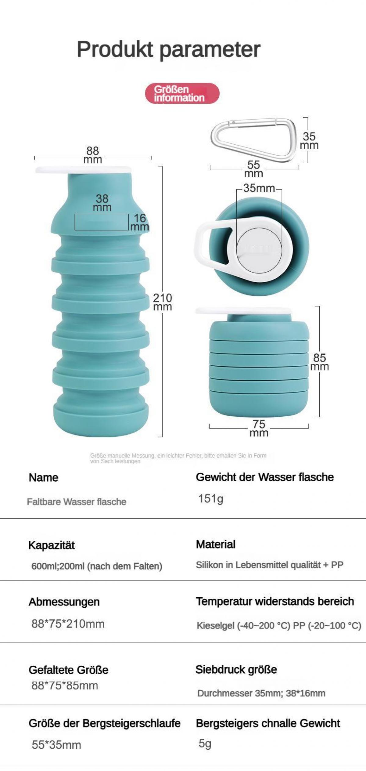 Produktparameter einer blauen faltbaren Wasserflasche mit Maßen und Materialien.