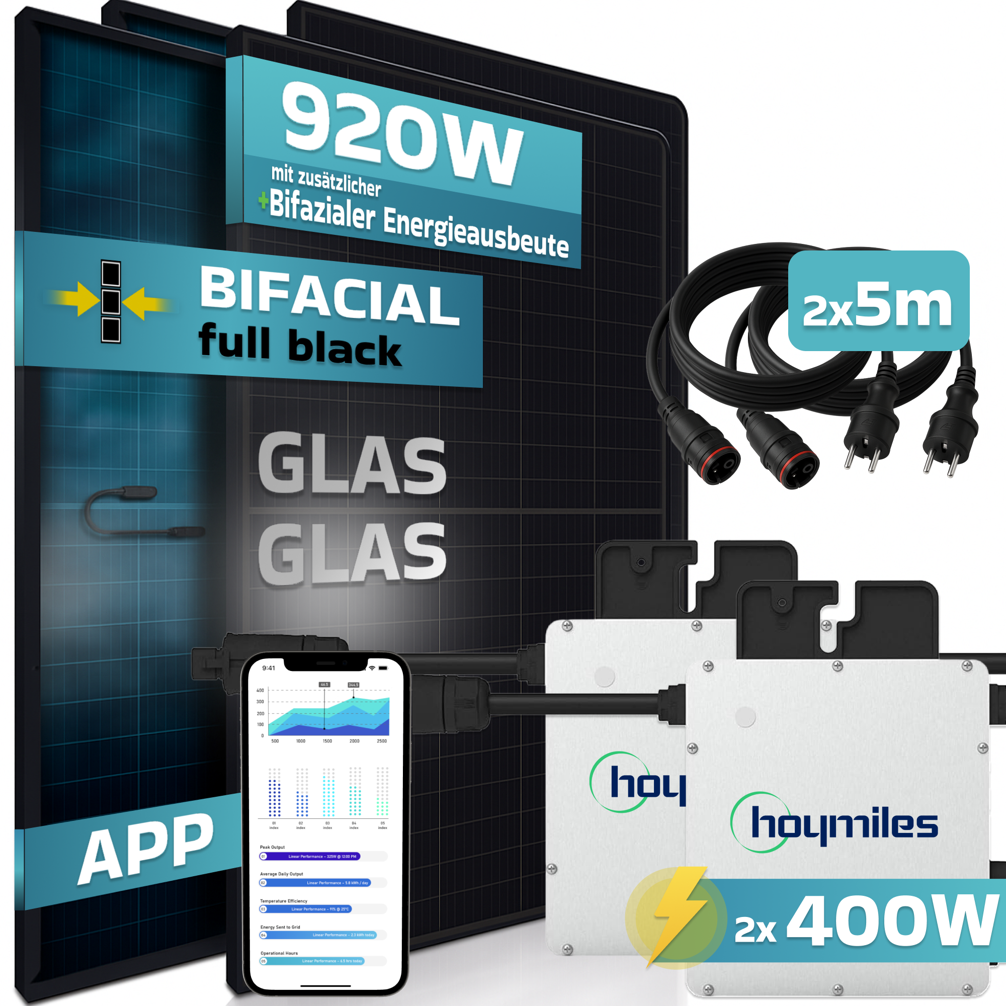 Solarmodule, Hoymiles-Mikrowechselrichter, Kabel, App-Display mit Leistungsdaten und 400W-Angabe.