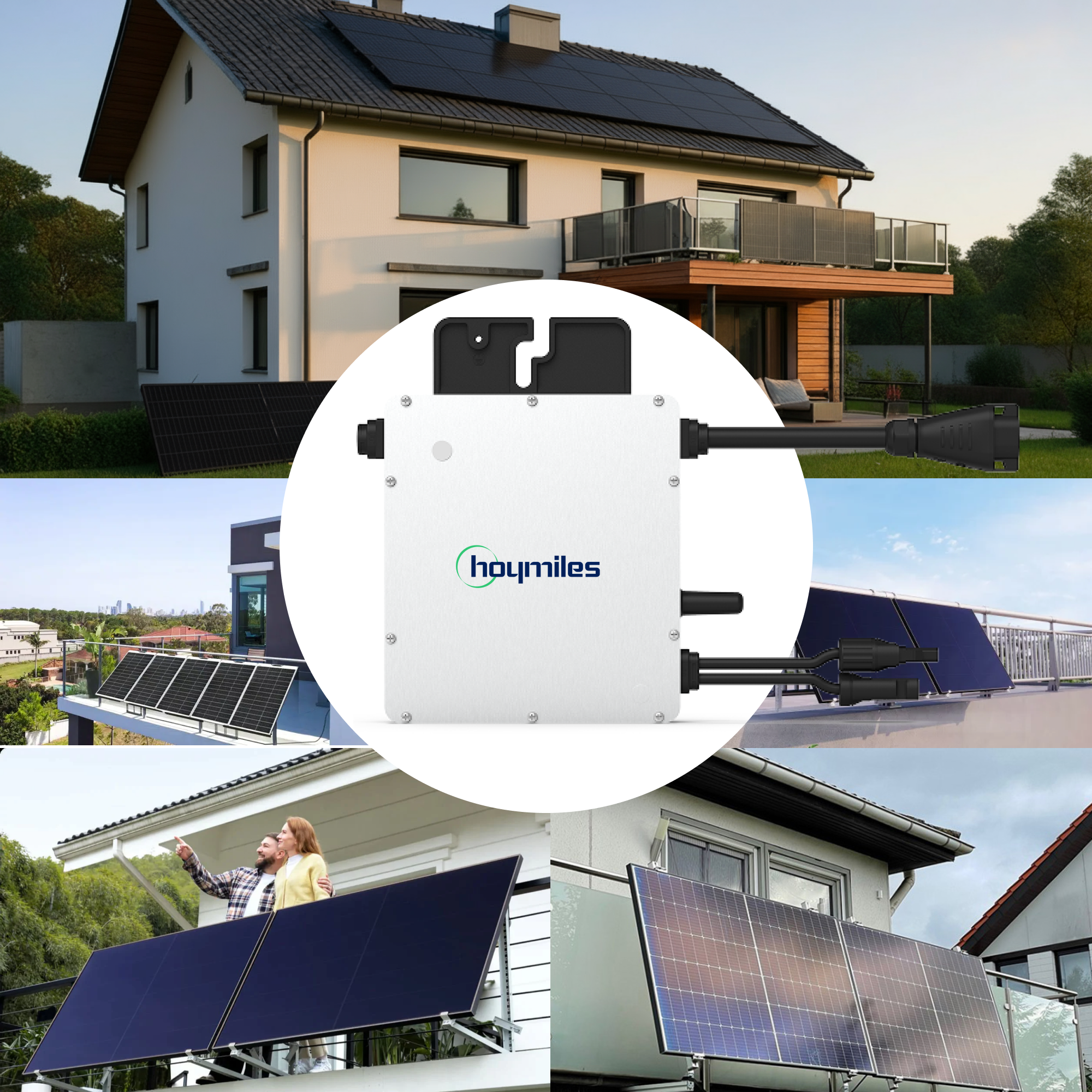 Collage zeigt Häuser mit Solarmodulen und einen Wechselrichter.