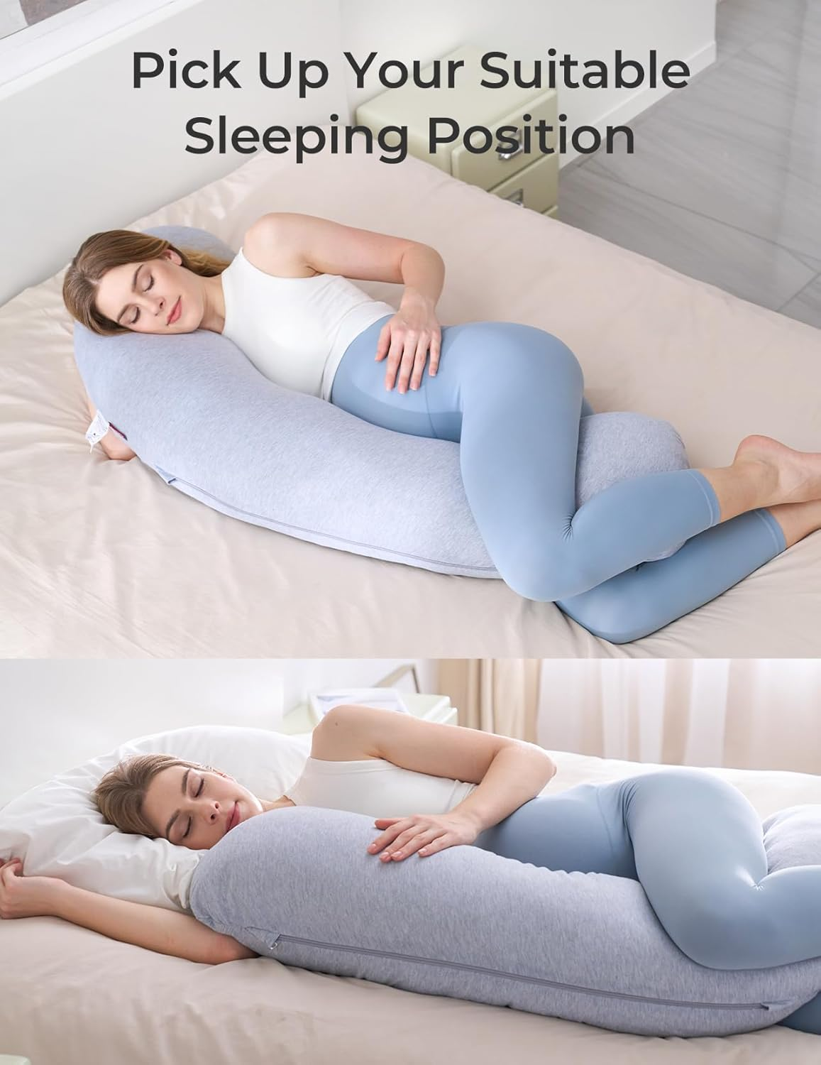 Une femme est allongée sur un lit, utilisant un oreiller gris en forme de C.