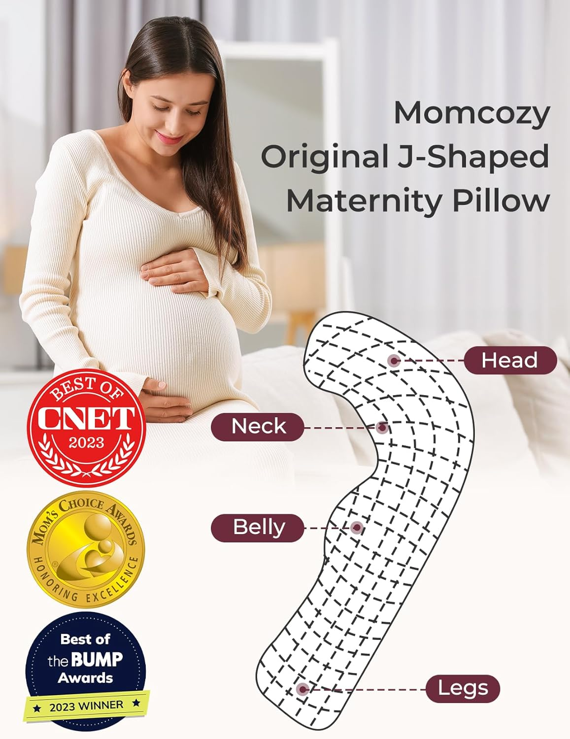 Femme enceinte avec oreiller de maternité en J et prix.