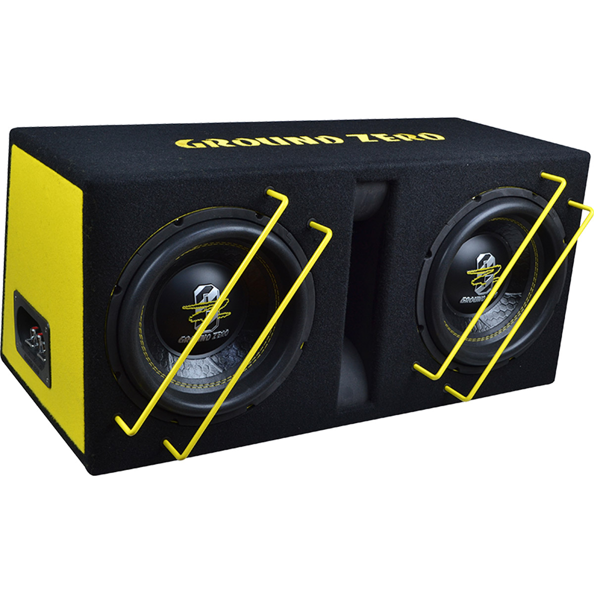 Schwarzer Subwoofer mit zwei Lautsprechern, gelben Akzenten und Schutzbügeln.