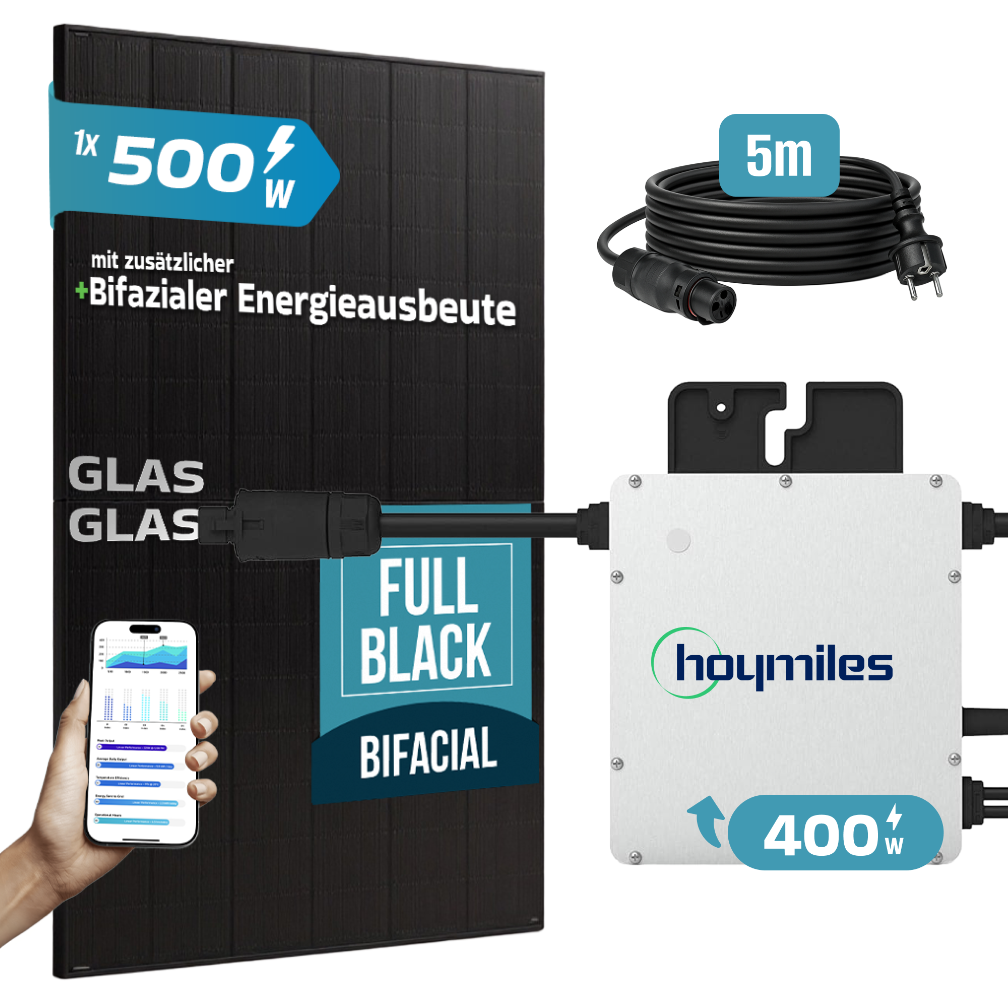 Solarpanel mit 500W, Wechselrichter mit 400W, Kabel und Handy mit App-Anzeige.