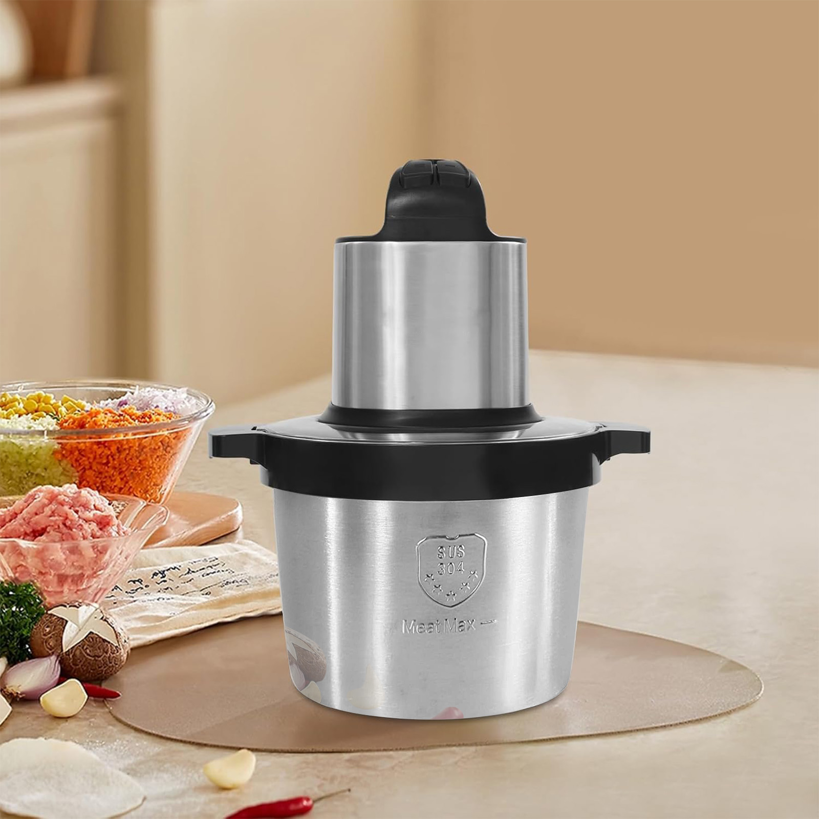 Robot da cucina in acciaio inox con ciotole di carne macinata, verdure e spezie.