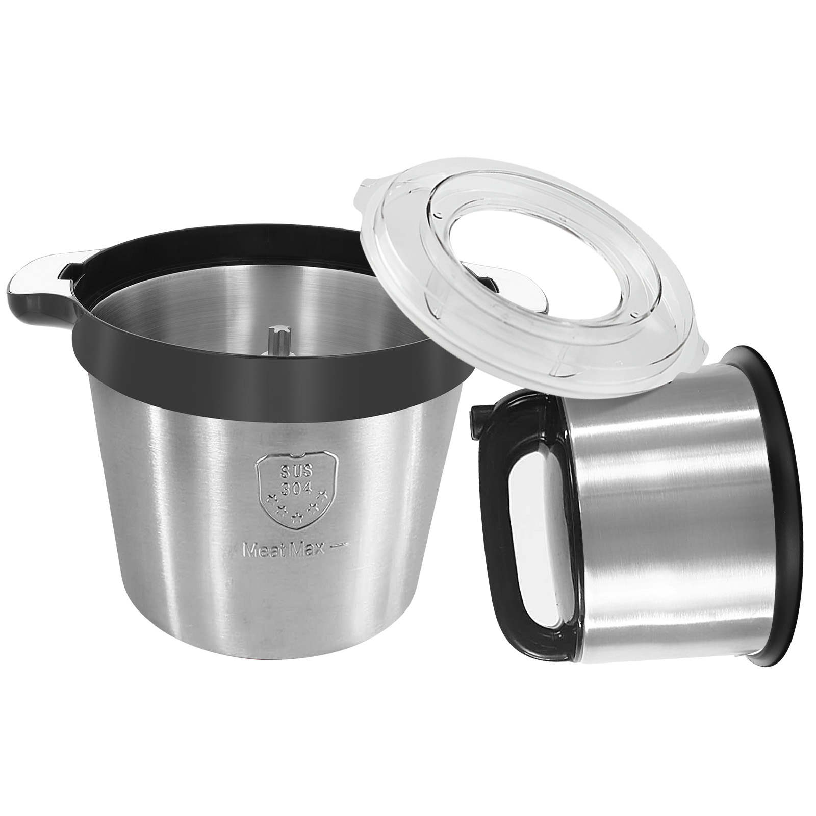 Robot da cucina in acciaio inox con coperchio trasparente e manici.