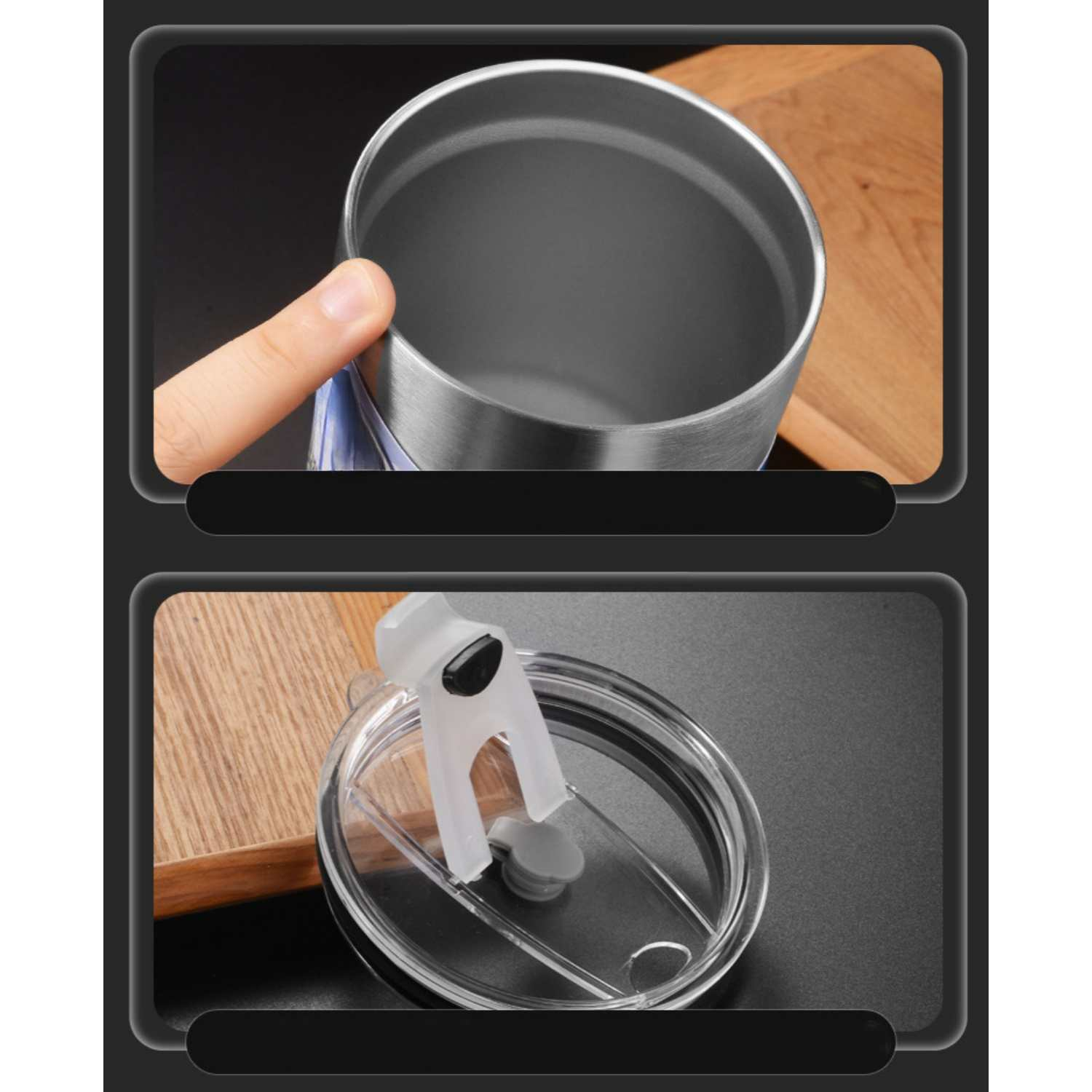 Nahaufnahme einer Fingerkuppe, die einen silbernen Becher berührt, und eines transparenten Deckels.